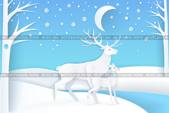 Deer and fawn near trees, dark sky and snow falling weather. Card in flat style with animals near woods, snowy sky with big moon in white color vector, paper art and craft style. Deer and Fawn in Snowy Forest at Night Vector. Стоковая иллюстрация, агентство Ingram Publishing / Фотобанк Лори