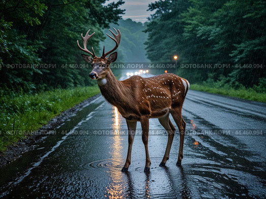 Deer buck darts across the road right in front of car during the rut in autumn. Стоковое AI-изображение, AI-художник Владимир Григорьев / Фотобанк Лори