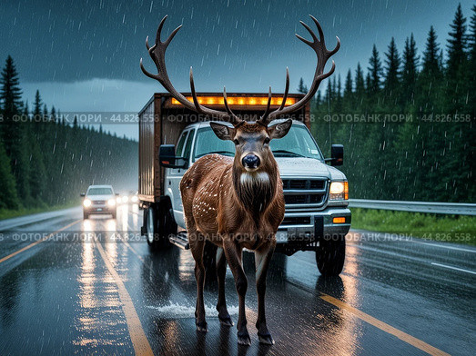 Deer buck entered road right in front of car during the rut in autumn. Стоковое AI-изображение, AI-художник Владимир Григорьев / Фотобанк Лори