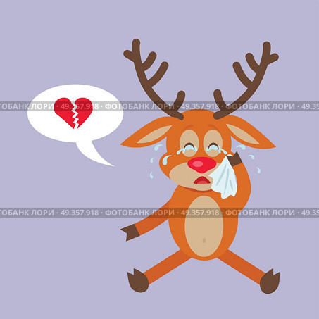 Deer Crying for Broken Heart Reindeer Disappointed. Deer crying for broken heart. Reindeer disappointed in love in flat style design. Disenchantment in relationships with girlfriend. Concept about one-side love, difficult love and expectancy. Vector. Стоковая иллюстрация, агентство Ingram Publishing / Фотобанк Лори
