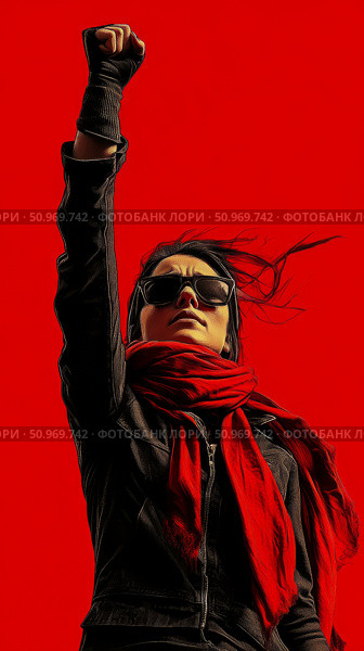 Defiant Woman with Red Scarf and Sunglasses Raising a Clenched Fist Against a Striking Red Background, Symbolizing Protest and Empowerment. Стоковое AI-изображение, AI-художник Данила Большаков / Фотобанк Лори