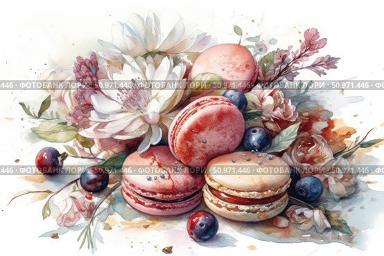 Delicate watercolor illustration depicting macarons, berries and flowers. French pastry in pink and cream shades lies among fresh blueberries and cherries, surrounded by lush buds of peonies, roses and asters. The composition radiates lightness, romance and exquisite taste. Ideal for culinary projects, packaging of sweets, festive printing, wedding invitations and decorative prints. Стоковое AI-изображение, AI-художник Анна Кривицкая / Фотобанк Лори
