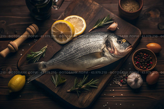 Delicious and healthy fish. Raw dorado with lemon and ingredients on a dark background. Banner, menu, place for recipe text, top view. Стоковое AI-изображение, AI-художник Photojuli / Фотобанк Лори