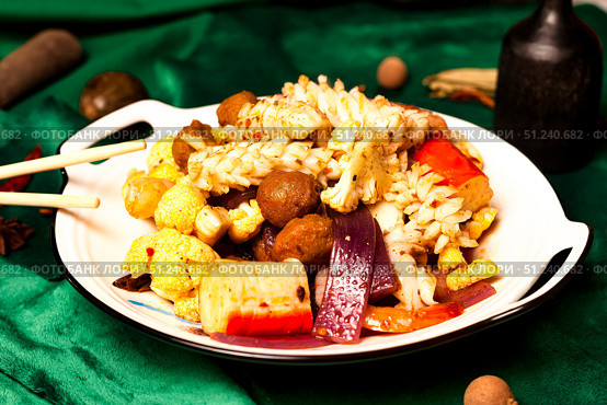 Delicious Assortment of Traditional Chinese Hot Pot Ingredients Served on a Dish. Стоковое фото, фотограф Aleksandr Golubev / Фотобанк Лори