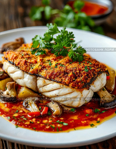 Delicious baked fish - hake with champignons, onions, tomatoes and cheese. Enjoy your meal! Стоковое AI-изображение, AI-художник Сергей Елизарьев / Фотобанк Лори