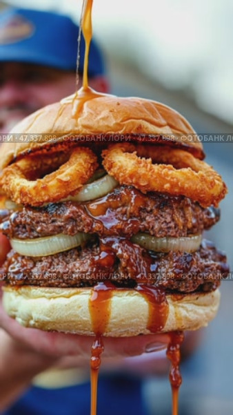 Delicious barbecue sauce drizzled on double burger with crispy onion rings. Стоковое AI-видео, аниматор Юрий Поздников / Фотобанк Лори