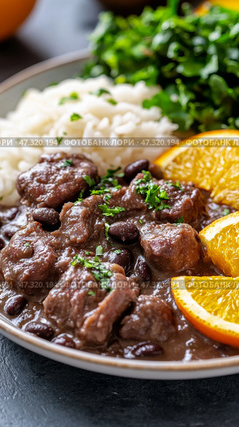Delicious Brazilian feijoada featuring black bean stew with pork, complemented by rice, orange slices, and collard greens in festive decor. Стоковое AI-изображение, AI-художник 123 12 / Фотобанк Лори