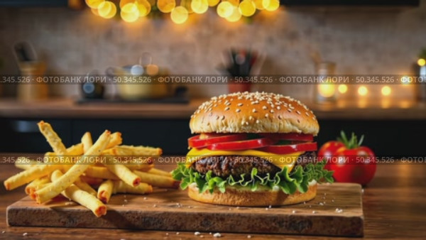 Delicious burger and French fries in home kitchen with Christmas decor, lights of garland. Delivery from fast food restaurant, menu burger home cooking for New year. AI generated; Стоковое AI-видео, аниматор Ольга Симонова / Фотобанк Лори