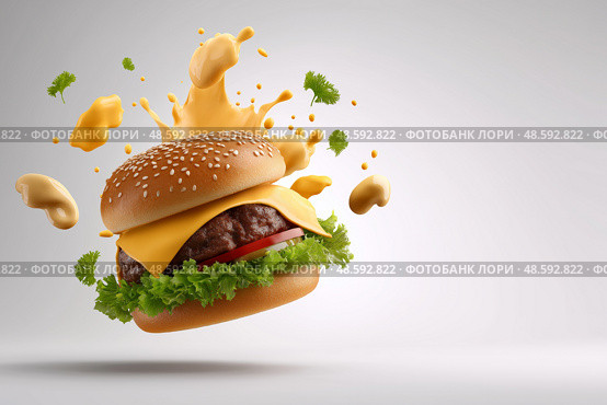 Delicious cheeseburger with exploding toppings in a creative food design. Вкусный чизбургер со взрывающейся начинкой в креативном дизайне еды. Стоковое AI-изображение, AI-художник Katsiaryna Repich / Фотобанк Лори