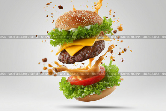 Delicious cheeseburger with exploding toppings in a creative food design. Вкусный чизбургер со взрывающейся начинкой в креативном дизайне еды. Стоковое AI-изображение, AI-художник Katsiaryna Repich / Фотобанк Лори