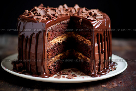 Delicious chocolate fudge cake dripping with ganache and chocolate shavings. Стоковое AI-изображение, AI-художник Иван Рябоконь / Фотобанк Лори