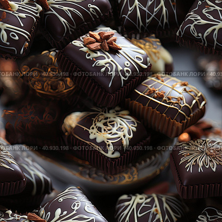 Delicious chocolate praline, ultra realistic food photo. Flat lay. Generated by AI. Стоковое AI-изображение, AI-художник Ярославский Максим / Фотобанк Лори