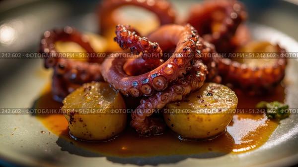 Delicious cooked octopus tentacles with potatoes on plate. Стоковое фото, фотограф David Kashakhi / Фотобанк Лори