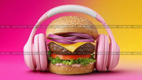 Delicious hamburger with headphones against vibrant pink and yellow background. Вкусный гамбургер с наушниками на ярком розово-желтом фоне. Стоковое AI-изображение, AI-художник Katsiaryna Repich / Фотобанк Лори
