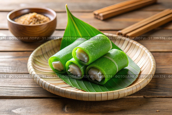 Delicious Indonesian Dadar Gulung Dessert on a Bamboo Plate. Generative AI. Стоковое AI-изображение, AI-художник Roman Zavorotny / Фотобанк Лори