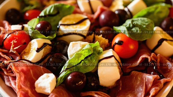 Delicious italian salad with prosciutto, mozzarella, and balsamic glaze. Стоковое фото, фотограф David Kashakhi / Фотобанк Лори