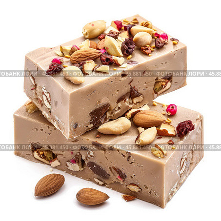 Delicious nougat bars with almonds and nuts on white background. Стоковое AI-изображение, AI-художник Иван Рябоконь / Фотобанк Лори
