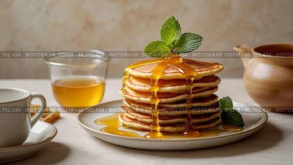Delicious pancakes with honey and mint leaves on a stylish plate in a beige kitchen. The concept of the Russian holiday Maslenitsa. Стоковое AI-изображение, AI-художник Photojuli / Фотобанк Лори