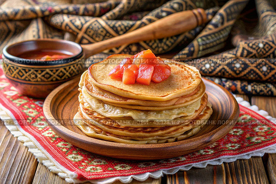 Delicious pancakes with salted red fish. The concept of the Russian holiday Maslenitsa. Стоковое AI-изображение, AI-художник Photojuli / Фотобанк Лори