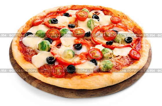 Delicious pizza with cheese and vegetables isolated on white. Стоковое фото, агентство Ingram Publishing / Фотобанк Лори