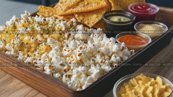 Delicious popcorn and nachos with various sauces and cheese powder. Стоковое AI-видео, аниматор Юрий Поздников / Фотобанк Лори