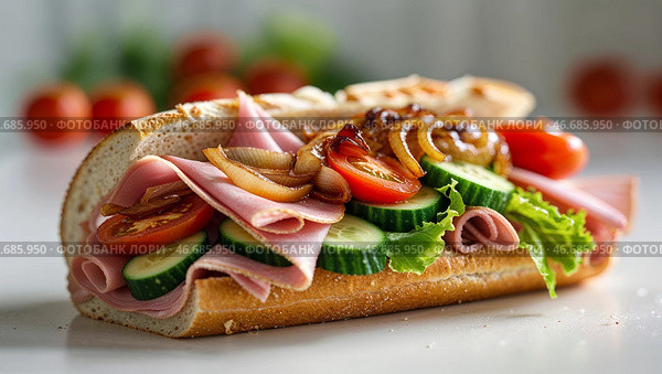 Delicious sandwich filled with fresh ingredients, perfect for a quick lunch at home or picnics outdoors. Стоковое AI-изображение, AI-художник Сергей Толмачёв / Фотобанк Лори