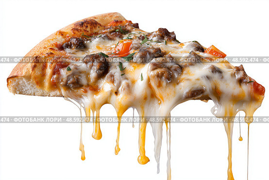 Delicious slice of pizza with melted cheese and crispy toppings for lunch. Вкусный кусок пиццы с расплавленным сыром и хрустящей начинкой на белом фоне. Стоковое AI-изображение, AI-художник Katsiaryna Repich / Фотобанк Лори