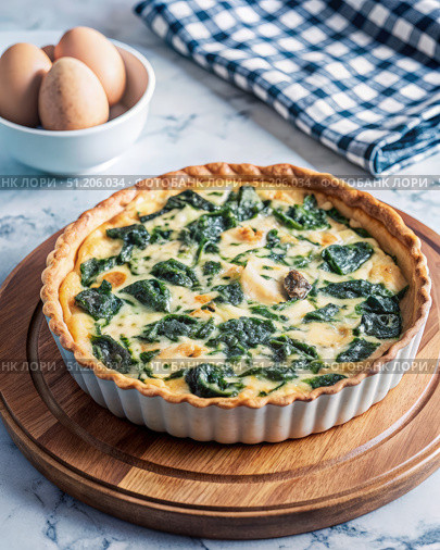 Delicious Spinach And Ricotta Quiche On A Wooden Cutting Board. Generative AI. Стоковое AI-изображение, AI-художник Roman Zavorotny / Фотобанк Лори