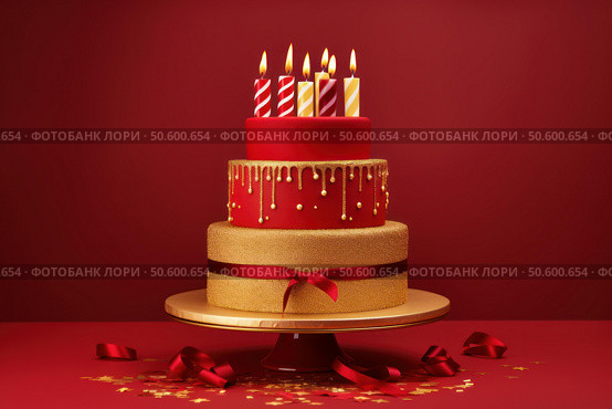 Delicious three tiered birthday cake with lit candles and red ribbon on red background. Стоковое AI-изображение, AI-художник Иван Рябоконь / Фотобанк Лори
