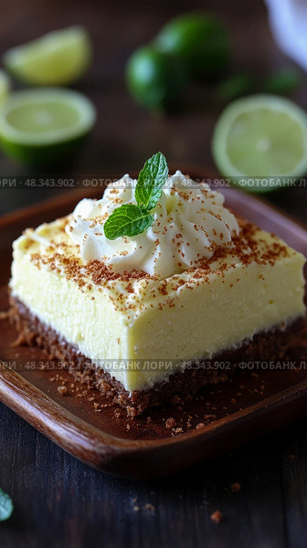 Delightful citrus dessert: Key Lime Pie slice with whip and mint, presented on rustic wooden plate. Стоковое AI-изображение, AI-художник Данила Большаков / Фотобанк Лори