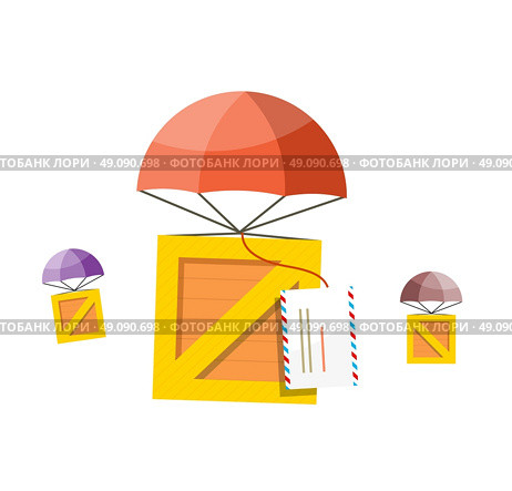 Delivery box. Air mail parachute. Air mail parachute sky, transportation delivery, shipping package delivery, cargo service, moving delivery parcel vector illustration. Box descends on parachute. Стоковая иллюстрация, агентство Ingram Publishing / Фотобанк Лори