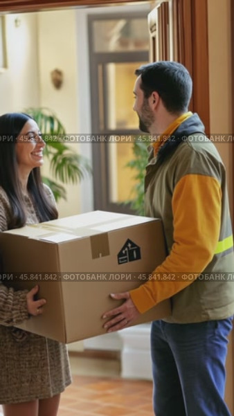 Delivery man giving package to a woman at home. Стоковое AI-видео, аниматор Юрий Поздников / Фотобанк Лори