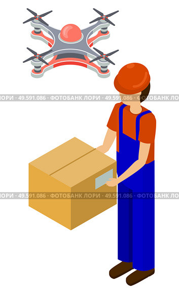 Delivery man holding cardboard parcel, quadcopter wireless device, business innovation. Aerial control or delivery of case, man with box, drone equipment, flight transport, discovery symbol vector. Drone and Box, Aerial Delivery, Quadcopter Vector. Стоковая иллюстрация, агентство Ingram Publishing / Фотобанк Лори