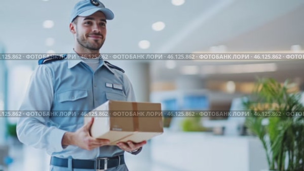 Delivery man holding package smiling in office building. Стоковое AI-видео, аниматор Юрий Поздников / Фотобанк Лори