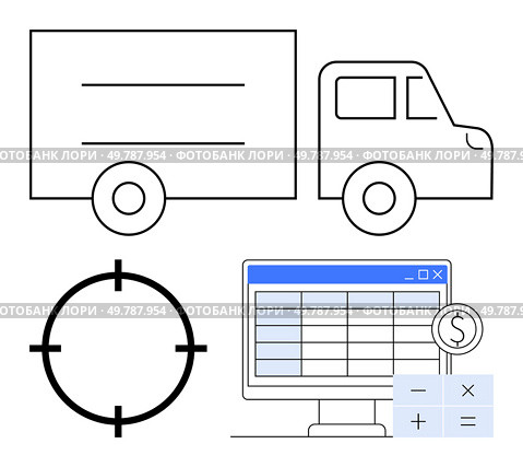 Delivery truck alongside target symbol and computer monitor displaying spreadsheet with calculator icons. Ideal for logistics, delivery services, shipment tracking, supply chain management, business. Delivery Truck with Target Symbol and Spreadsheet on Computer Monitor Indicates Logistics Coordination. Стоковая иллюстрация, агентство Ingram Publishing / Фотобанк Лори