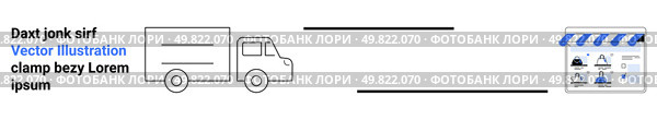 Delivery truck moving toward a storefront with a blue-and-white striped awning. Storefront featuring various business icons. Ideal for logistics, retail, e-commerce, delivery services, online. Delivery Truck Approaching a Storefront with Awning and Business Icons. Стоковая иллюстрация, агентство Ingram Publishing / Фотобанк Лори