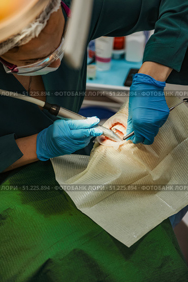 Dental Doctor Performs a Cavity Procedure Inside a Bright Office. Стоковое фото, фотограф Aleksandr Golubev / Фотобанк Лори