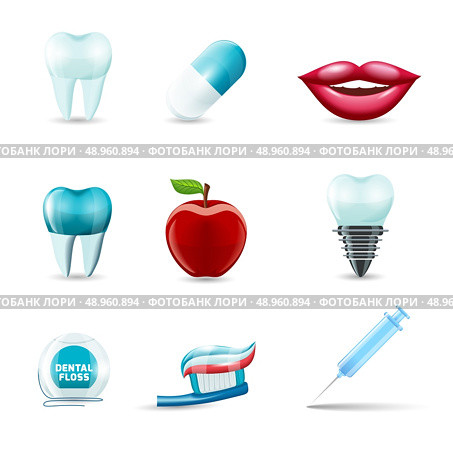 Dental health and caries teeth healthcare instruments dent protection realistic icons set isolated vector illustration. Стоковая иллюстрация, агентство Ingram Publishing / Фотобанк Лори