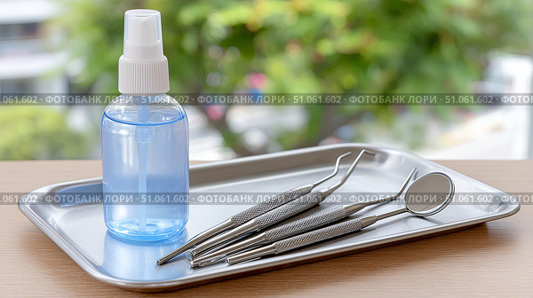 Dental tools and eye-catching blue liquid on a metal tray in a bright clinic. Стоковое AI-изображение, AI-художник Katsiaryna Repich / Фотобанк Лори