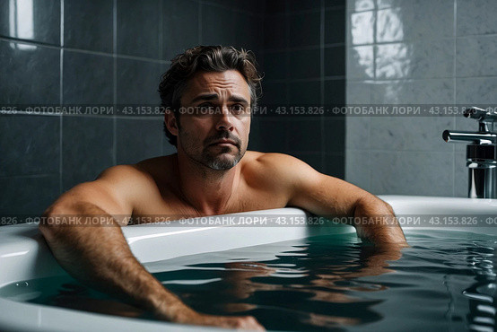 Depressed crazy man mental health in bathtub in bathroom at home looking at camera. Problem person showing human emotions. Concept apathy, anxiety, illness, trouble, creative decline. Copy space. Стоковое AI-изображение, AI-художник Aleksandr Golubev / Фотобанк Лори