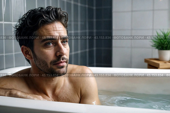 Depressed crazy man mental health in bathtub in bathroom at home looking at camera. Problem person showing human emotions. Concept apathy, anxiety, illness, trouble, creative decline. Copy space. Стоковое AI-изображение, AI-художник Aleksandr Golubev / Фотобанк Лори