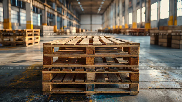 Деревянные поддоны на пустом складе. Wooden pallet stacked in empty warehouse. Стоковое AI-изображение, AI-художник Katsiaryna Repich / Фотобанк Лори