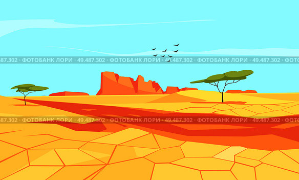 Desert composition with flat landscape of deserted place landscape with chapped sandy grounds and canyons vector illustration. Стоковая иллюстрация, агентство Ingram Publishing / Фотобанк Лори