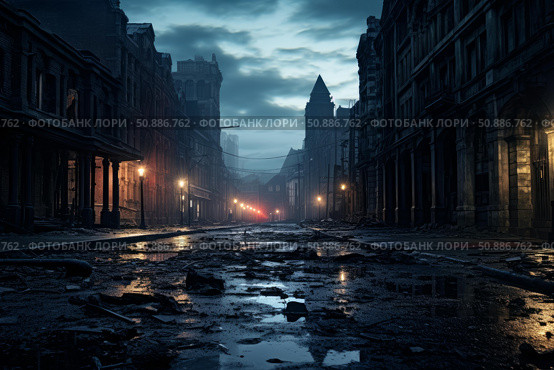 Deserted city street reflecting orange street lights at dusk. Стоковое AI-изображение, AI-художник Иван Рябоконь / Фотобанк Лори