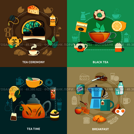 Design concept with black tea, drinking ceremony, breakfast, cups and teapots isolated on color background vector illustration. Tea Design Concept. Стоковая иллюстрация, агентство Ingram Publishing / Фотобанк Лори