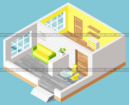 Design of apartment, door and bedside table, shelf and sofa, table with chairs. Interior of room with furniture, contemporary 3d view of house vector. House Interior, furniture Indoor, Moving Vector. Стоковая иллюстрация, агентство Ingram Publishing / Фотобанк Лори