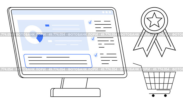 Desktop display showing a data dashboard with charts and lists, a star award badge, and a shopping cart. Ideal for data analytics, e-commerce performance, customer satisfaction, business analysis. Dashboard with Analytics, Badge, and Shopping Cart Representing Online Performance. Стоковая иллюстрация, агентство Ingram Publishing / Фотобанк Лори
