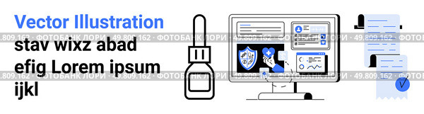 Desktop monitor showing cybersecurity analysis, alert icons, lock, documents, and scripts. Ideal for cybersecurity, data protection, IT services, software development, tech presentations, security. Cybersecurity Analysis and Protection Tools Display on Desktop with Shield Icons. Стоковая иллюстрация, агентство Ingram Publishing / Фотобанк Лори