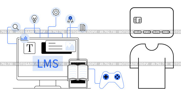 Desktop with LMS interface, open book on tablet, game controller, credit card, and T-shirt. Ideal for e-learning, digital education, gamification, online transactions e-commerce instructional. Digital Learning Management System and Gamification with Online Payment Integration. Стоковая иллюстрация, агентство Ingram Publishing / Фотобанк Лори