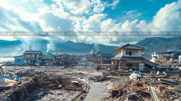 Destroyed city under a blue sky after a catastrophic earthquake, used in recovery and aid programs. Concept: Aftermath of natural disasters. For recovery and aid programs. Стоковое AI-изображение, AI-художник Лариса Пономарева / Фотобанк Лори